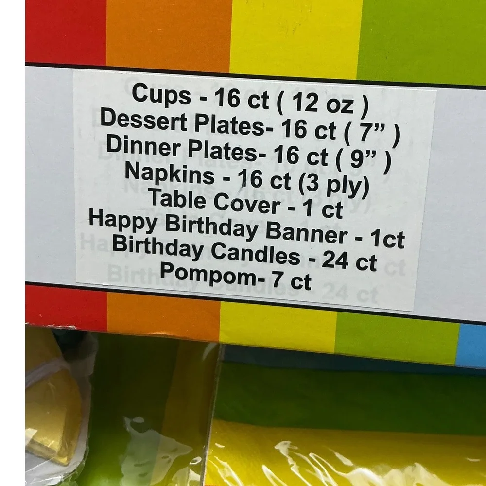 Oojami Rainbow Birthday Party‎ Pack Cups Plates Napkins Banner Candles Pompoms